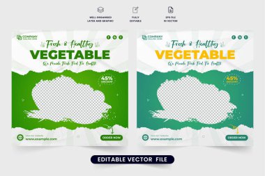Organik yiyecekler ve soyut şekilli sebze satışı şablonu tasarımı. Özel sebze satışı sosyal medya promosyon için posta vektörü. Taze sebze reklamı Pazarlama için web pankartı tasarımı.