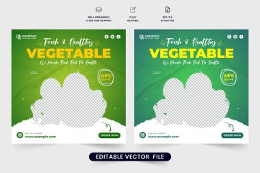 Sebze sosyal medya pazarlama için post tasarımı. Yeşil ve sarı renkli taze sebze tanıtım web pankartı vektörü. Soyut şekilli organik gıda iş afişi şablonu.