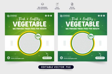 Geometrik şekilli yaratıcı sebze şablonu tasarımı. Sosyal medya paylaşımları için organik gıda menüsü indirimi web afişi. Yeşil ve sarı renkli sağlıklı sebze tanıtım posteri.