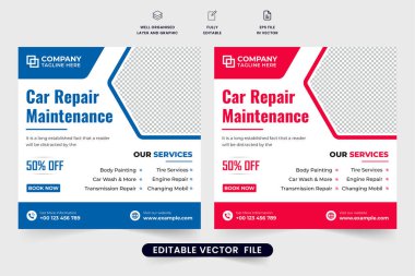 Kırmızı ve mavi renkli otomobil iş şablonu tasarımı. Yaratıcı araba bakım hizmeti sosyal medya dijital pazarlama için bir taşıyıcı. Araç tamiri ve temizlik işi tanıtım afişi.