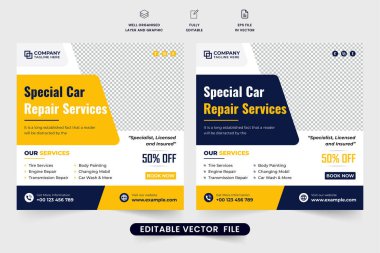 Özel araba onarım servisi indirim şablonu, sarı ve koyu renkli. Otomobil bakım hizmeti sosyal medya paylaşımı pazarlama için tasarlandı. Araç yönetimi ve temizlik servisi şablonu