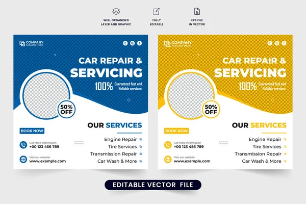 Dijital pazarlama için araba tamir işi tanıtım web afişi tasarımı. Modern araç bakım servisi poster şablonu. Otomobil onarım hizmeti sosyal medya tanıtım şablonu.