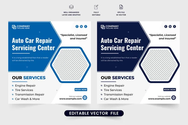 Araba onarım merkezi tanıtım web pankartı taşıyıcısı koyu ve mavi renklerde. Araba bakım hizmeti sosyal medya dijital pazarlama için dizayn. Araç tamir iş şablonu vektörü.