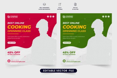 Dijital pazarlama için özel aşçılık sınıfı promosyon web afişi tasarımı. Aşçılık sınıfı sosyal medya yemek pişirme eğitimi için vektör gönderiyor. Çevrimiçi yemek pişirme dersi poster tasarımı sarı ve mavi renklerle
