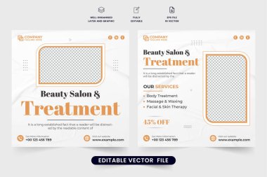 Güzellik salonu tedavisiyle sosyal medya, altın ve koyu renkli vektör gönderiyor. Salon ve spa promosyon web pankartı tasarımı, geometrik şekilli. Özel vücut ve cilt bakımı şablonu.