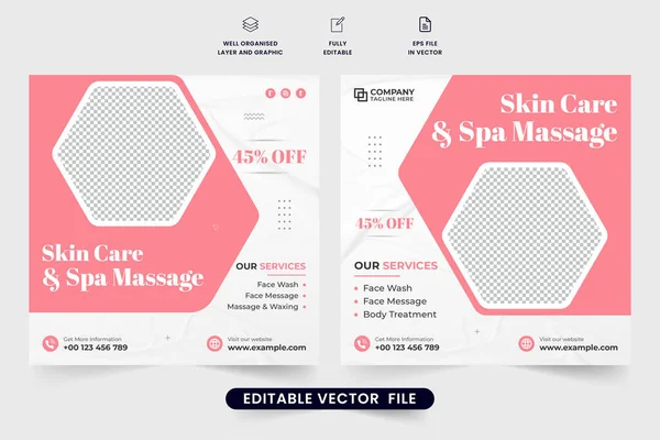 stock vector Spa massage and skincare treatment promotional poster design with pink and dark colors. Beauty center business advertisement template vector with photo placeholders. Body treatment service template.