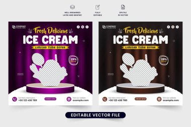 Fresh ice cream sale template design with dark and purple colors. Delicious food and dessert advertisement web banner vector with photo placeholders. Special ice cream promotion template design. clipart