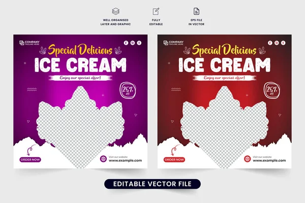 stock vector Special ice cream offer template with abstract shapes. Sweet and delicious ice cream promotional poster design for marketing. Tasty dessert social media web banner vector with purple and maroon colors