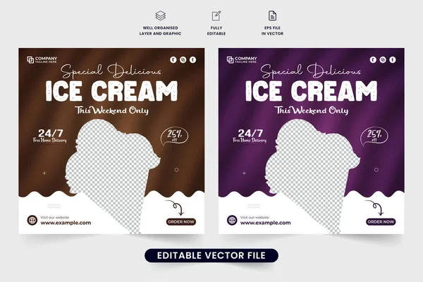 stock vector Special chocolate ice cream social media post vector with purple and dark backgrounds. Dessert business advertisement poster design with abstract shapes. Ice cream sale discount template vector.