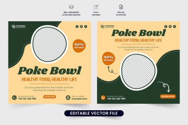 Özel yemek menüsü sosyal medya yeşil ve beyaz olmayan renklerde posta vektörü. Soyut şekilli modern restoran işletme şablonu tasarımı. Asya gıda tanıtımı web bayrak vektörü pazarlama için.