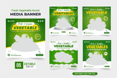 Sağlıklı gıda sosyal medya seti dizaynı yeşil ve sarı renkli. Pazarlama için organik sebze indirimi şablonu. Taze sebze reklamları poster koleksiyonu.