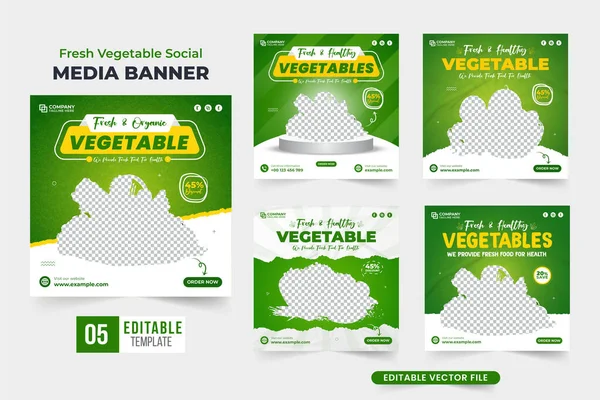 Sağlıklı gıda sosyal medya seti dizaynı yeşil ve sarı renkli. Pazarlama için organik sebze indirimi şablonu. Taze sebze reklamları poster koleksiyonu.
