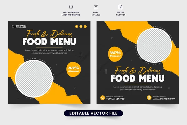 stock vector Restaurant food menu discount poster design for social media marketing. Special food business promotional template for online orders. Food menu social media post vector with dark and yellow colors.