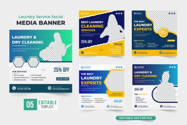Çamaşır servisi sosyal medya postası koleksiyonu koyu ve sarı renkli. Çamaşır ve kuru temizleme servisi pazarlama için demet şablonu. Kumaş temizleme tanıtım web pankartı ayarlama vektörü.