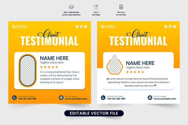 Stock vector Creative testimonial design with yellow and dark colors for business feedback. Client service review layout vector with photo placeholders. Special client feedback and rating template design.