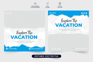 Dijital pazarlama için grup tanıtım şablonu tasarımı. Seyahat acentası sosyal medya mavi renkli ve fırça efektli bir vektör gönderiyor. İndirimli tatil yönetimi poster tasarımı