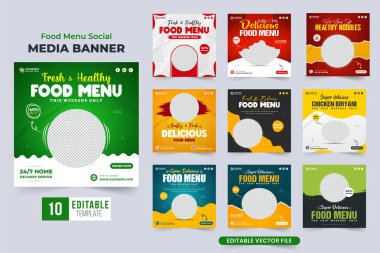 Fresh and healthy food menu template bundle for social media promotion. Special food menu social media post set vector for restaurants. Culinary business advertisement poster collection. clipart