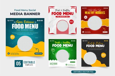 Yemek menüsü sosyal medya postası koleksiyonu mavi ve kırmızı renklerde. Soyut şekilli özel yemek sunan şablon dizaynı. Restoran işletme tanıtımı web reklam paketi pazarlama için.