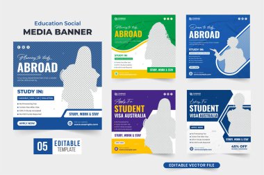 Yurtdışında sosyal medya araştırmaları yap. Yaratıcı şekilleri olan belirli bir vektör belirle. Modern yurt dışında eğitim promosyon web pankartı koleksiyonu mavi ve sarı renklerde. Yurtdışı burs reklam şablonu destesi.
