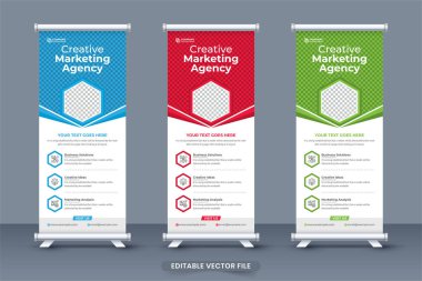 Yaratıcı pazarlama ajansı kırmızı, mavi ve yeşil renkli pankart tasarımı yapıyor. Geometrik şekilli ticari tanıtım standı afişi. Pazarlama için kurumsal sergi poster tasarımı.