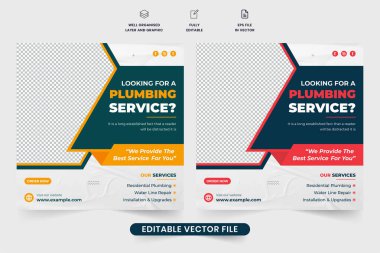 Sosyal medya pazarlaması için yaratıcı tesisat işi tanıtım web pankartı tasarımı. Tamirci servisi reklam afişi tasarımında sarı ve kırmızı renkler var. Tesisat hizmeti sosyal medya post vektörü.
