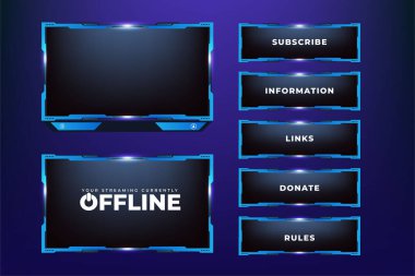 Live gaming overlay panel and border design vector. Modern streaming overlay vector on dark background. Futuristic gaming screen decoration with blue shade and colorful buttons for gamers.