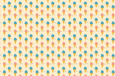 Delicious ice cream pattern texture vector on a cream color background. Cone ice cream repeating pattern design with colorful toppings. Dessert shop wallpaper and background pattern vector.