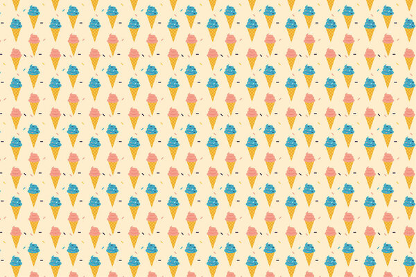 Delicious ice cream pattern texture vector on a cream color background. Cone ice cream repeating pattern design with colorful toppings. Dessert shop wallpaper and background pattern vector.