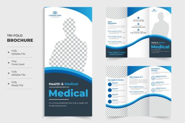 Modern healthcare center promotional brochure design with dark and blue colors. Double sided medical poster and leaflet vector for advertisement. Hospital tri fold brochure template design.
