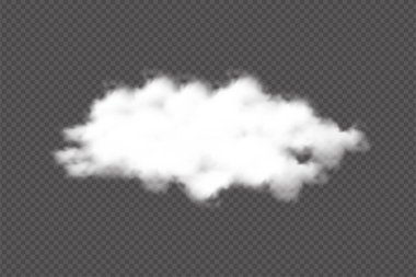Şeffaf bir arkaplanda yüzen kalın bir bulut. Tasarım elementleri veya şablon dekorasyonu için gerçekçi duman ve bulut vektörleri. Puslu, fırtınalı ya da güneşli gökyüzü elementleri koyu arkaplanda.
