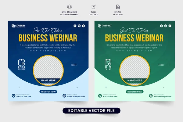 İş tanıtımı için konferans davetiyesi ve poster tasarımı. Modern webinar sosyal medya fotoğraf tutucuları ile birlikte post vektörü. Ofis semineri tanıtım web pankartı şablon vektörü.