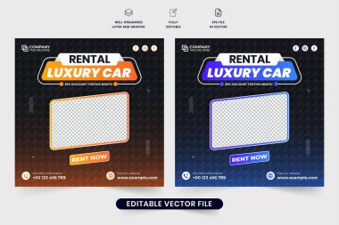Car rental social media post vector with blue and orange colors on dark backgrounds. Car management and rental business promotional web banner vector. Rent a car service poster with photo placeholders