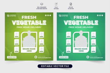 Fresh vegetable delivery service poster design for supermarkets. Grocery home delivery service social media post vector with green backgrounds. Special courier business web banner template.