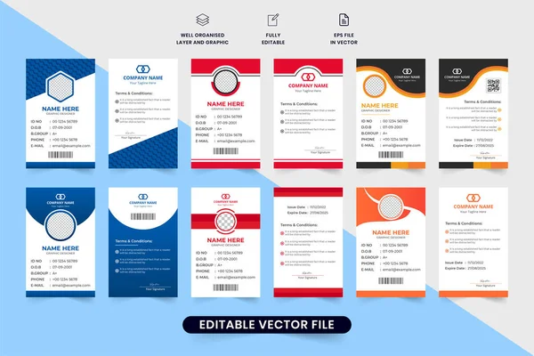 Kırmızı ve mavi renkli minimal kimlik tasarım paketi. Yaratıcı şekilli öğrenci ve çalışan kimlik kartı koleksiyonu. Ticari kuruluşlar için kurumsal kimlik kartı dizaynı.
