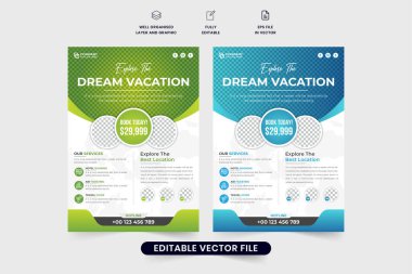 Tour group advertisement template design with green and blue colors. Modern travel agency promotional flyer vector for marketing. Vacation planner business leaflet design with photo placeholders.