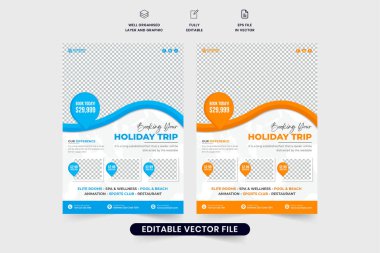 Creative travel agency advertisement flyer design with location pins and abstract shapes. Modern holiday trip planner business leaflet and poster vector. Tour and travel promotional flyer design.