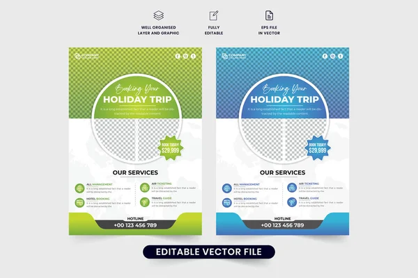 stock vector Holiday trip planner agency advertisement flyer vector with photo placeholders. Vacation planner business promotional leaflet and poster vector. Tour and travel flyer design with green and blue colors