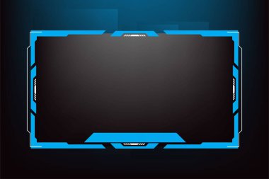 Online gaming overlay layout vector with blue colors. Broadcast screen panel decoration with online buttons on a dark background. Screen interface and frame border design for live gamers.