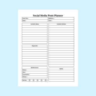 Sosyal medya planlayıcısı KDP iç mimarisi. Günlük sosyal medya paylaşımı ve blog bilgi takip şablonu. KDP iç dizüstü bilgisayarı. Sosyal medya posta zaman çizelgesi izleyici ve blog yazarı bilgi denetleyici içereName.