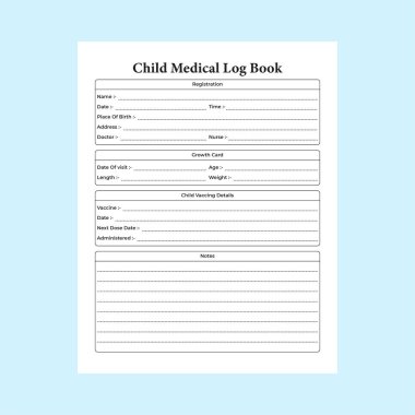 Çocuk tıbbi takip cihazı KDP 'nin içi. Çocukların tıbbi bilgileri ve büyüme kartı şablonu. KDP dahili kayıt defteri. Çocuk düzenli aktivite izleyici ve tıbbi kayıt defteri içi.