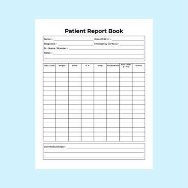 Hemşire hasta raporları KDP 'nin içini gösteriyor. Hemşire günlük hasta bilgileri ve sağlık takip şablonu. KDP dahili dergisi. Günlük tıbbi bilgi takip cihazı ve hasta tıbbı denetleyicisi..