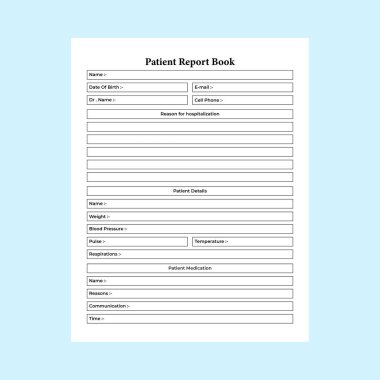 Hemşire günlük hasta raporları KDP 'nin içini gösteriyor. Hastanenin temel gereksinimleri takip cihazı ve ilaç dergisinin iç kısmı. KDP iç dizüstü bilgisayarı. Hemşire hasta raporu ve iletişim bilgi takip şablonu.