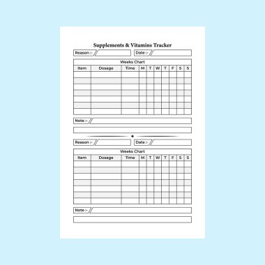 KDP 'nin içini takviye ve vitamin günlüğü şablonu. Düzenli vitamin dozu bilgisi ve ilaç listesi takip şablonu. KDP dahili kayıt defteri. Ek ve vitamin bilgi takip cihazı içereName.