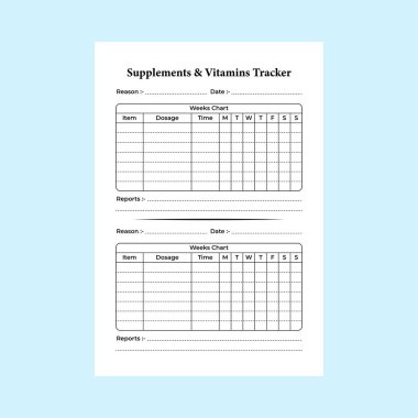 İçi KDP takviye ve vitamin izleyicisi. Düzenli vitamin dozu takip cihazı ve ek bilgi defteri içi. KDP dahili dergisi. Ek ve vitamin listesi not şablonu.
