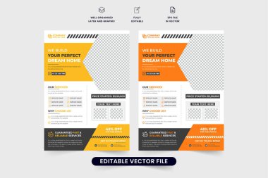 Şirket inşaatı ve usta servis promosyon şablonu ve fotoğraf tutucuları. Emlak evi servis posteri ve broşür tasarımı yapıyor. Yaratıcı ev yenileme broşürü tasarımı.