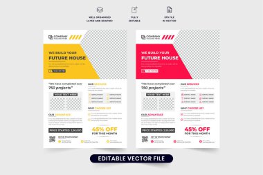 Home construction and renovation service promotional poster and flyer design with red and yellow colors. Real estate business flyer template vector. Handyman service advertisement banner design. clipart