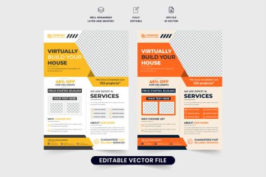 Profesyonel ev yenileme ve ev yapımı iş ilanı vektörü. Turuncu ve sarı renkli modern gayrimenkul reklamları tasarımı. İnşaat servisi posteri ve broşürü.