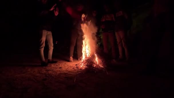 Rozpalanie Ogniska Przy Użyciu Stogu Siana Materiał Nocne Ognisko Przyjaciółmi — Wideo stockowe