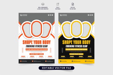 Yaratıcı spor salonu yönetimi ve turuncu ve sarı renkli tanıtım broşürleri. Pazarlama için fitness eğitim merkezi broşürü tasarımı. Profesyonel vücut fitness iş reklam şablonu vektörü