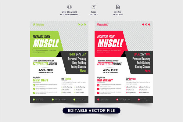 Gym admission and training center marketing flyer vector with green and red colors. Fitness gym business advertisement poster design with photo placeholders. Fitness flyer template vector.